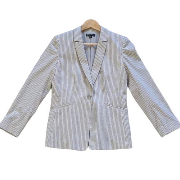 Tahari Pinstripe Blazer Light Grey White 6 Tailored Lined Business Jacket Career - Picture 7 of 7